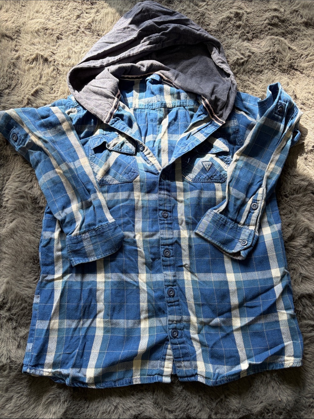 GUESS Kids Blue Plaid Hooded Button-Up Shirt